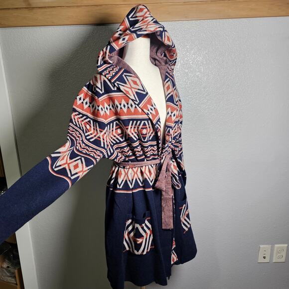 Western Aztec Luxurious Feeling Stretchy Knit Hoodie Cardigan with Belt PTP 24 - Picture 2 of 9